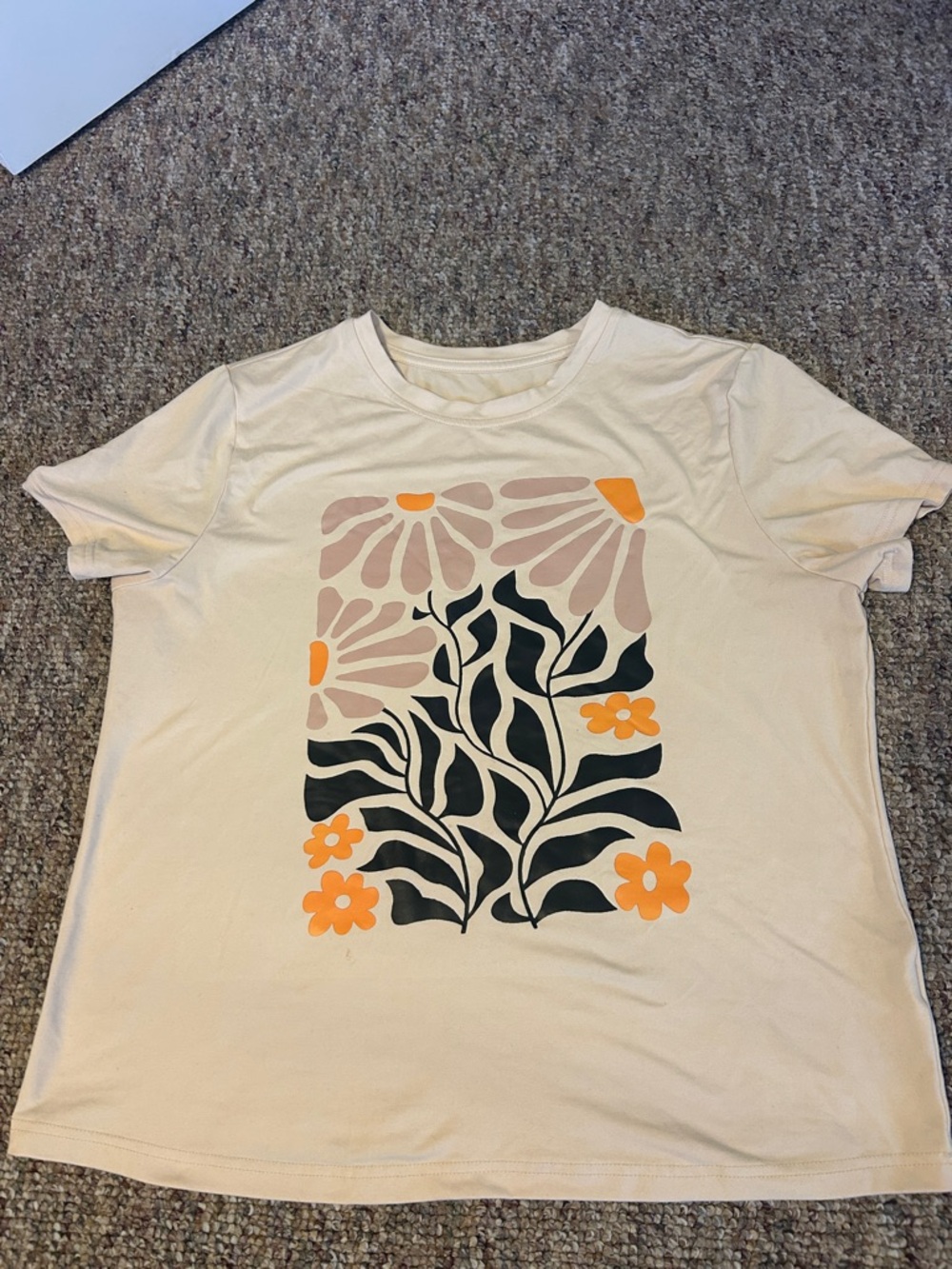 SHEIN Cream Graphic Floral Short Sleeve Tee with Black & Orange Print